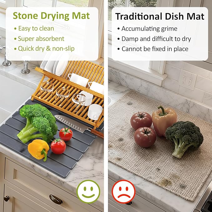 Large Stone Dish Drying Mat for Kitchen Counter 24(L)×16(W) Collapsible Quick Dry Stone Dish Mats Super Absorbent Diatomaceous Earth Drying Pad for Dishes Bottles Cups Countertops (Marble)