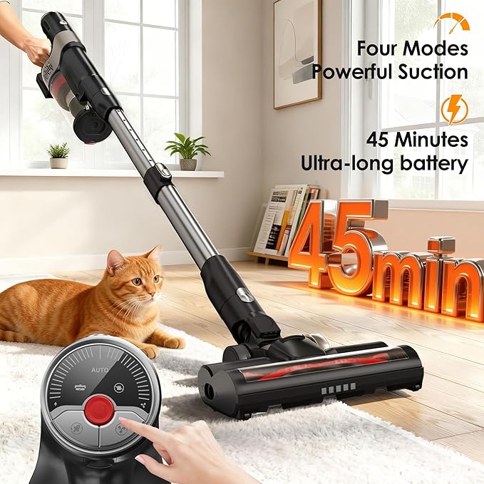 DlandHome Cordless Vacuum Cleaner Portable Rechargeable Stick Vacuum with Auto-Empty System Up to 45 Minutes Anti-Tangle Brush LED Headlights 35KPA Powerful Suction for Home Pet Hair Carpets