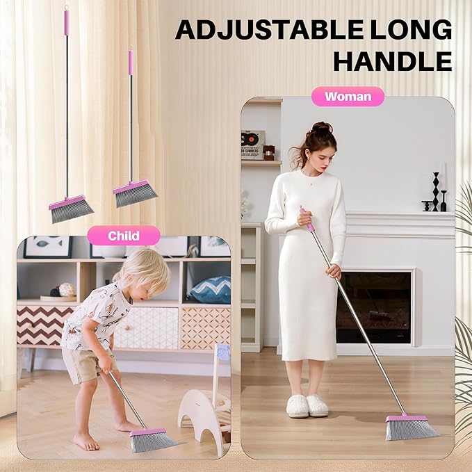 JOYMOOP Pink Broom and Dustpan Set Upright Angle with Built-in Comb Teeth for Kitchen Lobby Pet Hair and Hard Floors