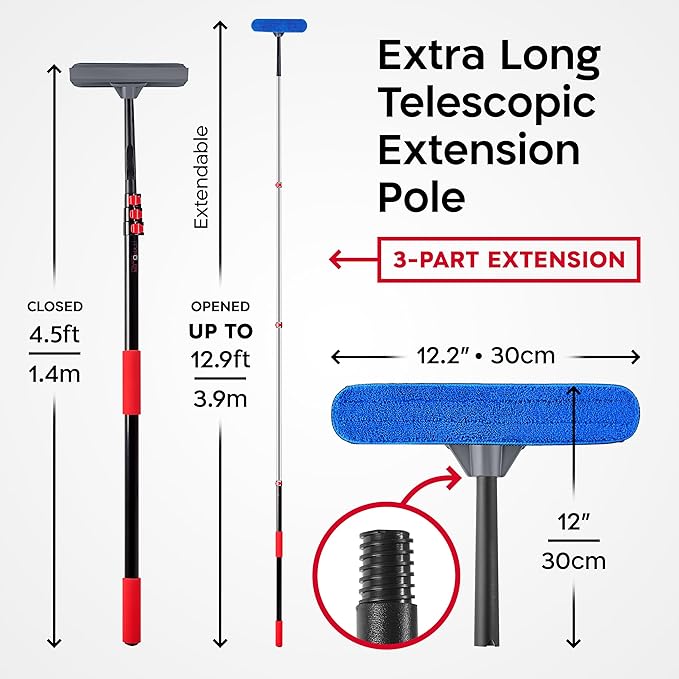 Tyroler Professional Window Squeegee with Extension Pole | 4.5-12.9ft Squeegee for Windows Cleaning | Outdoor Window Cleaner Tool Windows Washing Kit with Extension Pole | Window Cleaning Kit