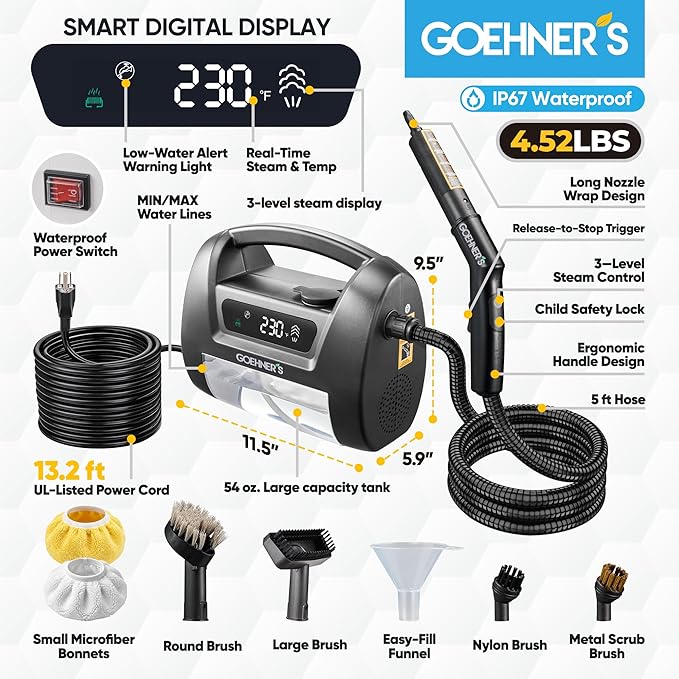 2026 Upgraded Handheld Steam Cleaner 230°F/3.5 Bar High-Pressure Portable Hand Held Steamer for Home &amp Car 30s Heat-Up Chemical-Free Deep Cleaning for Kitchen Bathroom Grout &amp Car Detaili