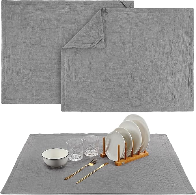 2 Pcs Extra Large Dish Drying Mats for Kitchen Counter28 x 24 100% Cotton Gray Pad Thick Highly Absorbent Mats Muslin Gauze Quick Drying Dishes Drainer Pad for Sinks Draining Racks