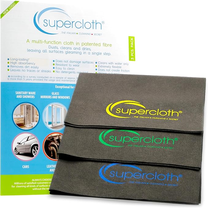 Supercloth® Premium Microfiber Cleaning Cloth for All-Purpose Lasts Over 5 YEARS Glasses Cleaning Cloth Microfiber Cleaning Cloth for Cars Magic Reusable Cloth Streak-Free 100% Made in Italy (3pk)