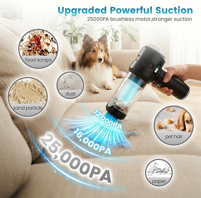 Wansimoo Handheld Car Vacuum Cleaner25000PA Strong Cyclonic Suction Foldable Mini Vacuum Portable Cordless with Digital Display and One Touch Dust Removal for Car Home Office Kitchen (Silver)