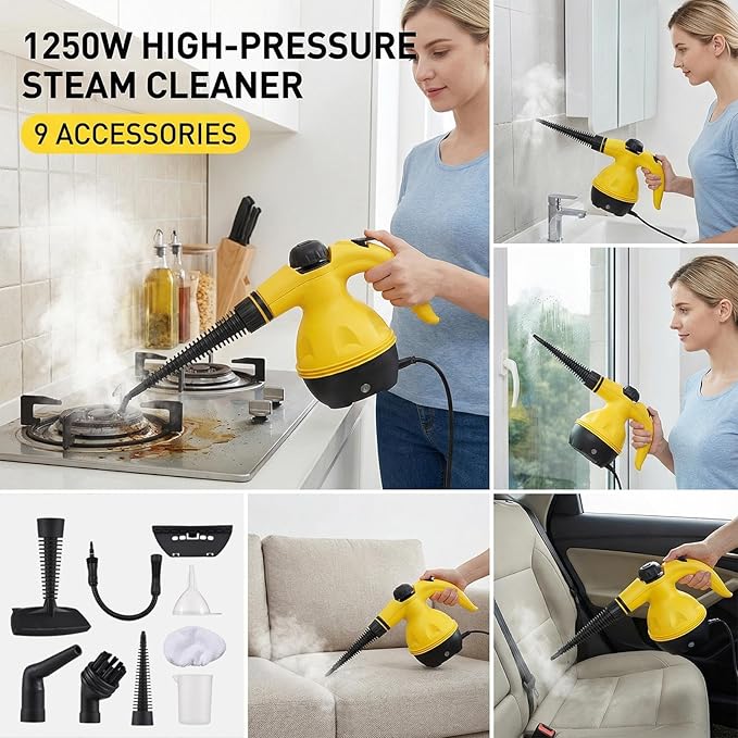 Handheld Steam Cleaner 1250W Multi-Purpose Portable Powerful Steamer Fast Steam Cleaning Tool for Grout Floors Fabrics Cars Kitchens Upholstery Removes Dirt Grease and Stubborn