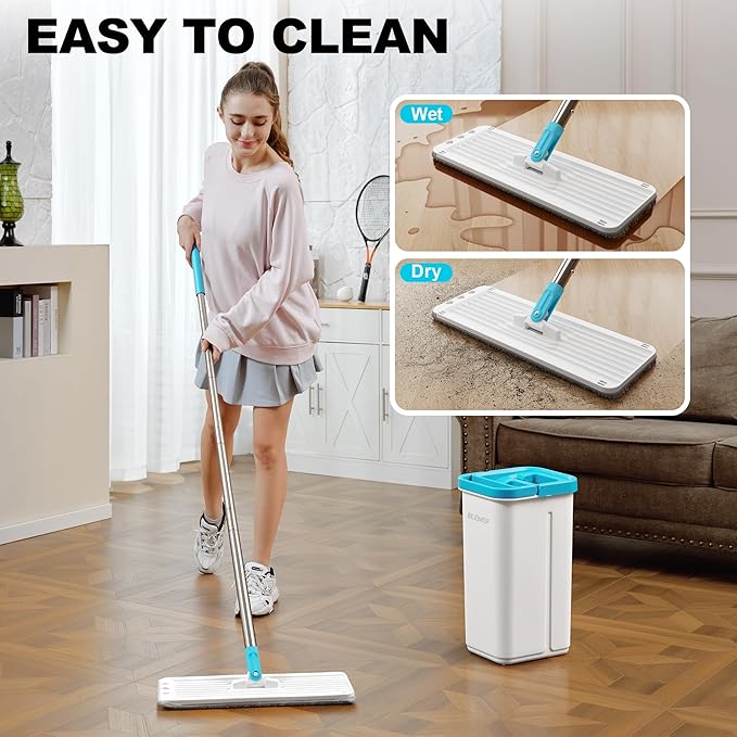 Mop and Bucket Set Mops for Floor Cleaning Squeeze Flat Mop and Bucket System Dry &amp Wet Wall Mop Cleaner with Long Handle for Household Cleaning with 4 Microfiber Mops Turquoise-Cyan