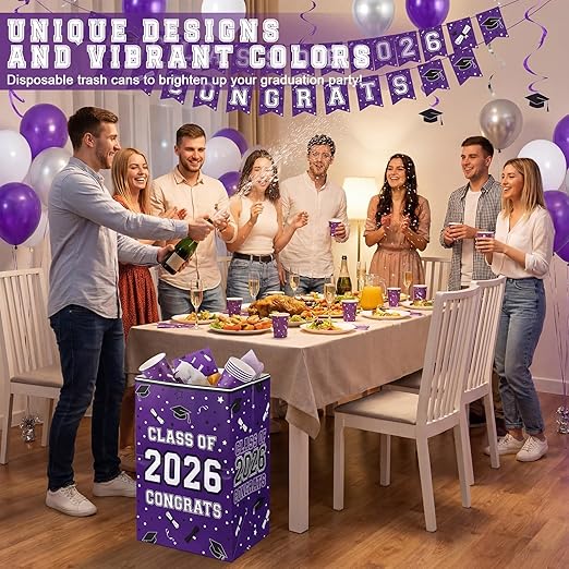 Tinlade 6 Pack 2026 Purple Graduation Decoration 13 Gallon Disposable Trash Cans Class of 2026 Party Garbage Bins Large Waterproof Foldable Recycle Pop up Bins for Graduation Party School