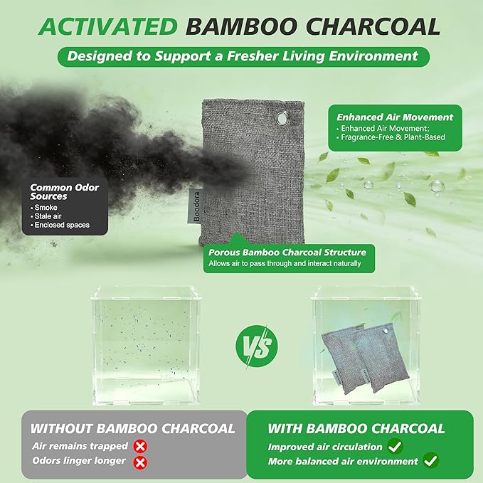 Activated Charcoal Bags Air Purifying 15 Pack Bamboo Charcoal Odor Absorber for Home Closet Car Shoes 70g Gray Natural Odor Neutralizer Moisture Absorber Reusable up to 2 Years 6 Hooks