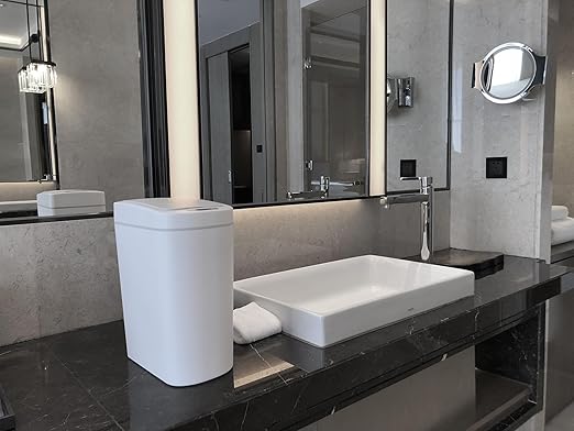 Automatic Motion Sensor Bathroom with Covered Trash Can One Smart Plastic Trash Cans Suitable for Bathrooms Offices Bedrooms Living Rooms (White-2 Pack)