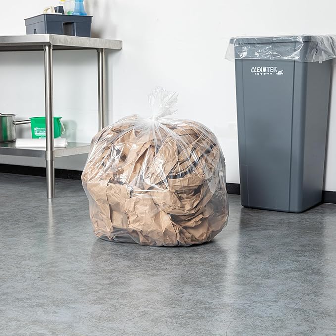 Restaurantware-RW Clean 33 Gallon Trash Bags 100 Medium-Duty Garbage Can Liners- Fits 33-39 Gallon Trash Cans Stretchable Clear Plastic Bin liners with Star Seal Bottom