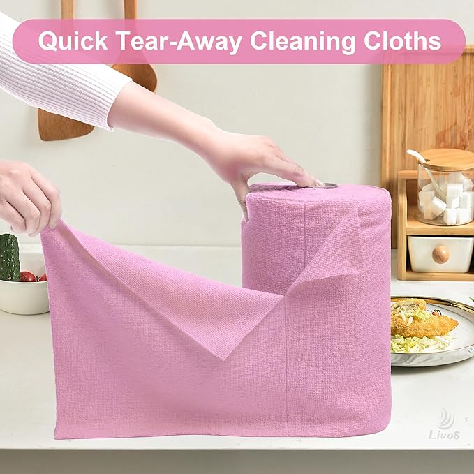LIVOS Microfiber Cleaning Cloth Roll - 80 Pack Reusable Paper Towels Pink Tear Away Microfiber Towels for Cars Super Absorbent Lint Free Cleaning Rags for House Kitchen Window-11.5x11.5
