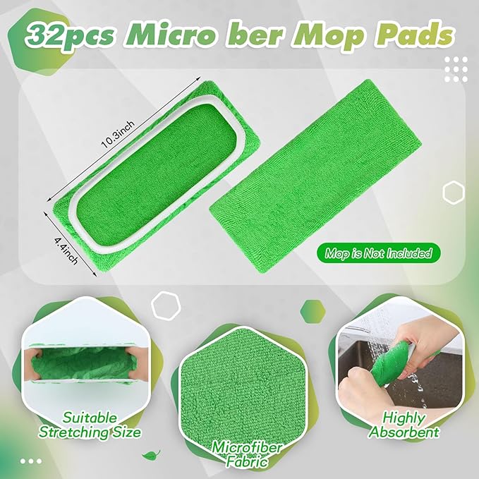 32 Pcs Reusable Mop Pads Microfiber Washable Wet Pads Compatible with Swiffer Refill Dry Sweeping Cloths for Surface Hardwood Floor Household Cleaning Mop is Not Included(Green)
