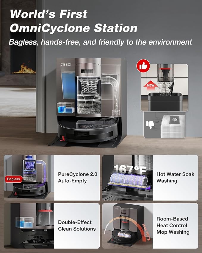 Yeedi S20 Infinity Robot Vacuum&ampMop with 19500Pa Blast Suction PowerBoost Charging OZMO Roller 2.0 Self-Washing Bagless OmniCyclone Station with Hot Mop Washing&ampHeat Drying AIVI 3D Naviga