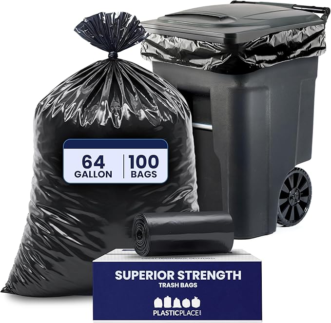 Plasticplace 64-65 Gallon Trash Can Liners for Toter │ 1.2 Mil │ Black Heavy Duty Garbage Bags │ Rolls │ 50” x 60” (100 Count)