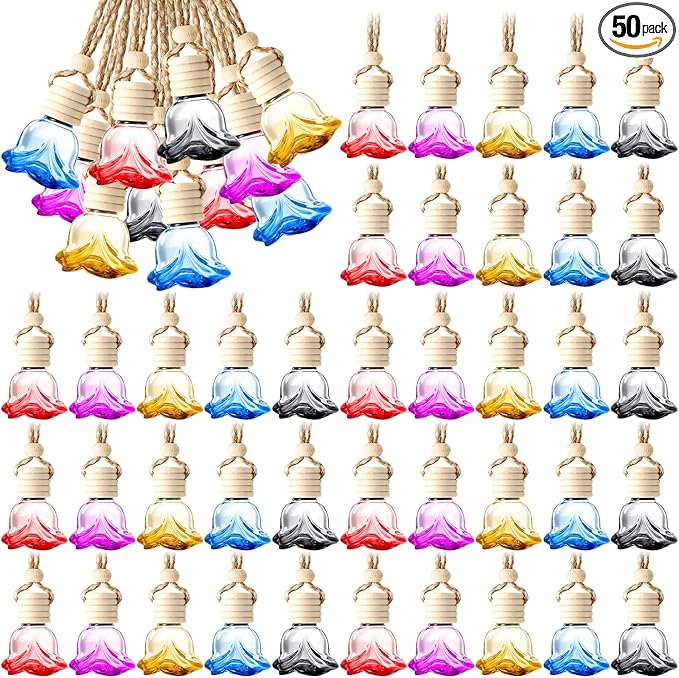 BBTO 50 Pcs Hanging Car Air Freshener Diffuser Bottles Empty Glass Perfume Bottle Pendant for Essential Oil (Colorful Rose)