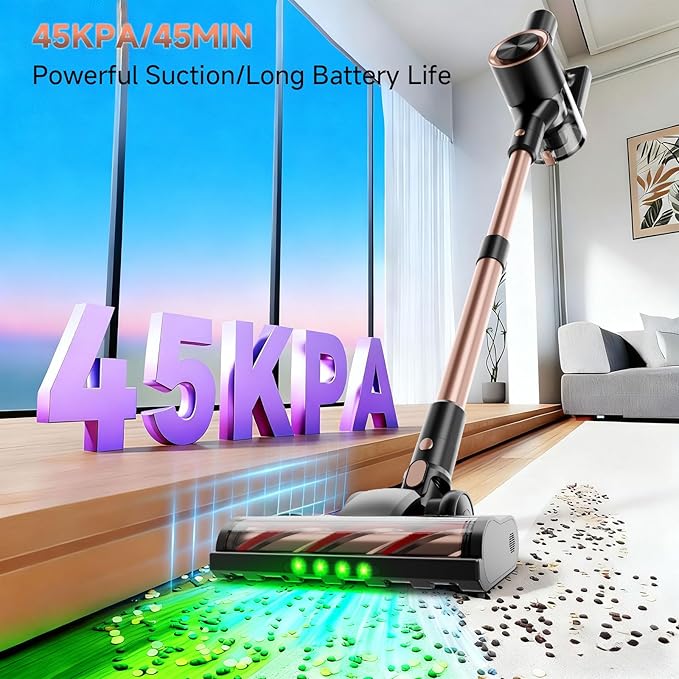 Cordless Stick Vacuum Cleaner - Rechargeable45Kpa Powerful Suction Vacuum for Home45Mins RuntimeDetachable BatteryAnti-Tangle 8 in 1 Lightweight Vacuum for Pet Hair Carpet HardwoodRose
