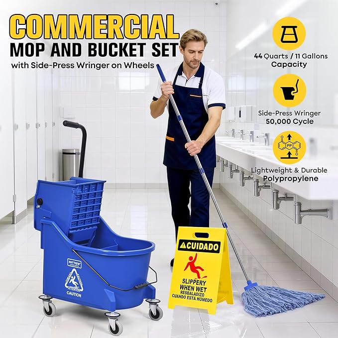 Matthew Cleaning Blue 44Quart Commercial Mop Bucket INCL.Wet String Mop&amp 19'' Industrial Wet Floor Sign with Side Press Wringer On WheelsTandem Portable Floor Cleaning WavebrakeIdeal for Househo