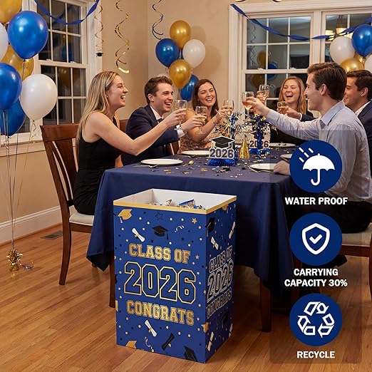 Tinlade 6 Pack 2026 Blue and Gold Graduation Decoration 13 Gallon Disposable Trash Cans Class of 2026 Party Garbage Bins Large Waterproof Foldable Recycle Pop up Bins for Graduation Party School