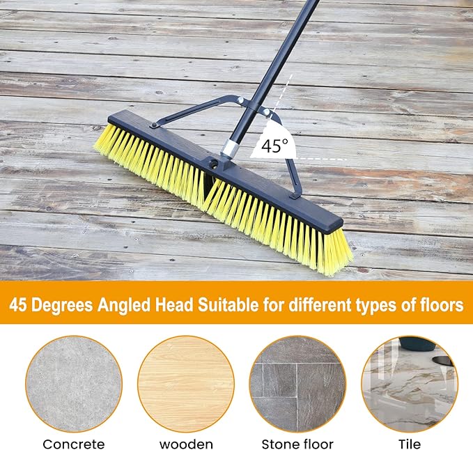 24 Inches Push Broom Outdoor Heavy Duty Broom with 63 Long Handle for Deck Driveway Garage Yard Patio Concrete Floor Cleaning Yellow