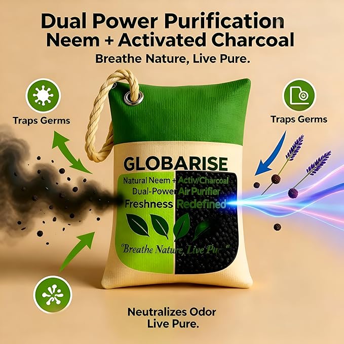 GlobaRise™ Dual Power Charcoal + Neem Odor Absorber Bags Natural Air Purifier Bags for Home Car Shoes &amp Pets | Activated Charcoal Deodorizer Eliminator | Eco-Friendly &amp Reusable | 100g Pack