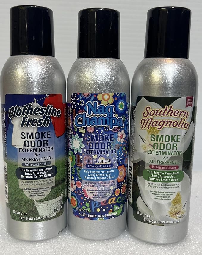 Smoke Odor Exterminator 198 gm/ 7 oz Large Spray Clothesline Fresh Set of Three Cans. Assortment (3) Includes Clothesline Fresh Southern Magnolia &amp Nag Champa.