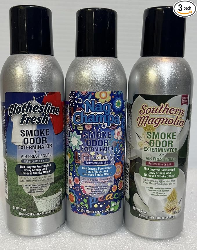Smoke Odor Exterminator 198 gm/ 7 oz Large Spray Clothesline Fresh Set of Three Cans. Assortment (3) Includes Clothesline Fresh Southern Magnolia &amp Nag Champa.