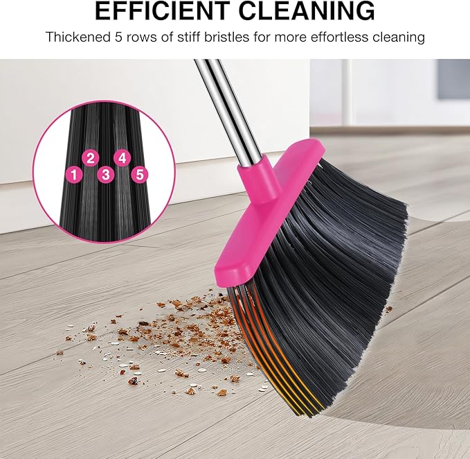 NACENA Broom and Dustpan Set 52-in Long Adjustable Handle Broom Dustpan Combo with Dustpan Teeth to Automatically Clean Hair Suitable for Home Kitchen Office Hall Floor（Grey&ampRose）