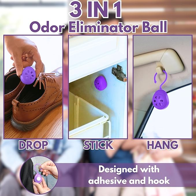 Air Jungles Lavender Fresh Bundle – 3-in-1 Odor Eliminator Balls (6 Count) Lavender Car Air Freshener Clips (6 Pack) and 3-in-1 Leather Cleaner Wipes (70 Count)