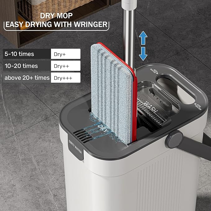 Mop and Bucket Set 3-Tank Flat Mop and Bucket System for Separate Dirty &amp Clean Water 65 Mops for Floor Cleaning with 6 Washable Pads Safe for Hardwood Vinyl Tile Baseboards Walls