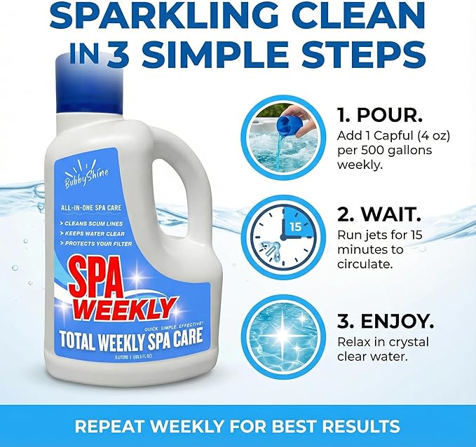 5-in-1 Hot Tub Chemicals – Spa Weekly Enzyme Cleaner &amp Clarifier Scum Line Cleaner Filter Protector + Water Conditioner Clear Finish for Spas &amp Inflatable Tubs 3 Liter (101.5 fl oz) – Bubb