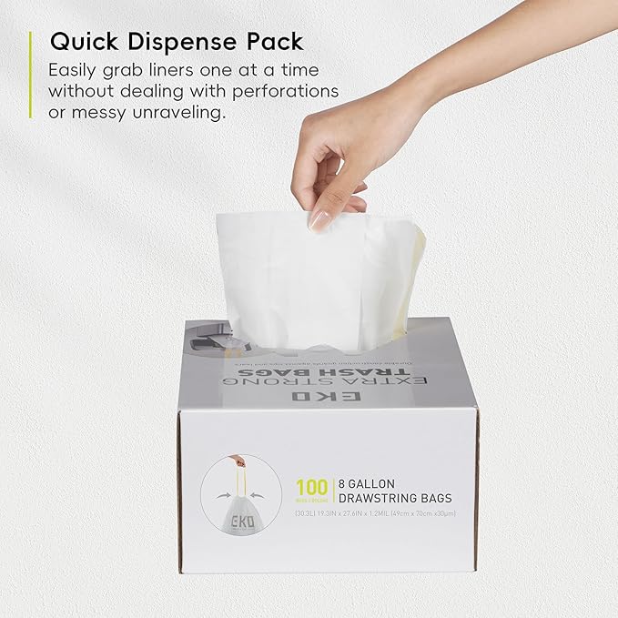 EKO 8 Gallon / 30.3 Liter100 Count Drawstring Trash Bags Extra-Strong Unscented Garbage Bags Easy-Dispense Roll for Kitchen &amp Household Use Resists Tears Leaks and Punctures Code F-1 White