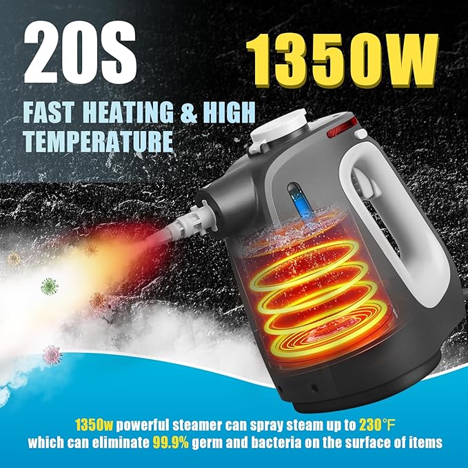Pressurized Handheld Steam Cleaner with 14 PCS Accessories&ampSafety Lock 1350W Multi-Purpose Steamer for Cleaning Portable Steam Cleaner for HomeCarGroutFurnitureBathroomKitchenTiles&ampCou