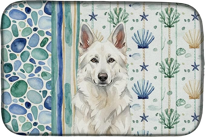 Caroline's Treasures White German Shepherd Coastal Sea Glass Dish Drying Mat Absorbent Dish Drying Mat Pad for Kitchen Counter Dish Drainer Mat for Countertop 14 x 21 Multicolor