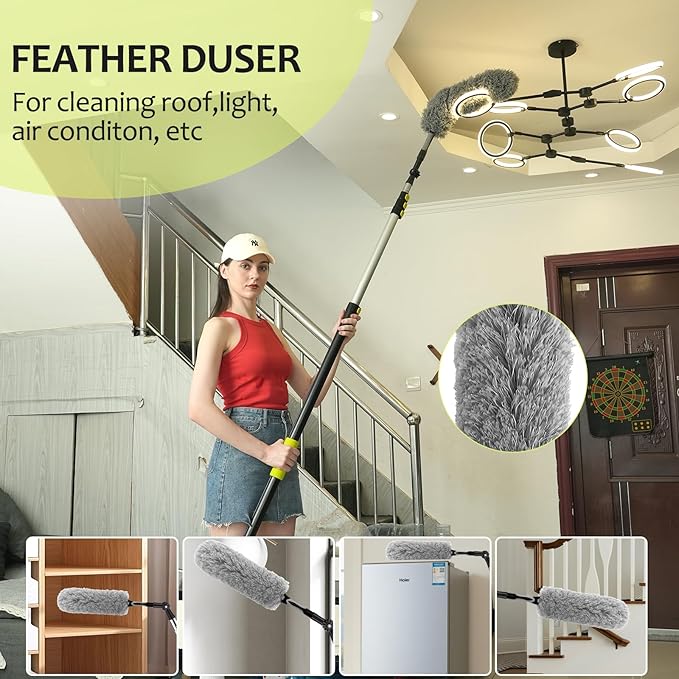 【Upgrade Anti Rotation 】 24ft High Reach Duster Kit5-18ft Lightweight Aluminum Alloy Extension Rod7-Piece Set210° Steering Head Clean Various Anglefor Cleaning CeilingHigh Wall
