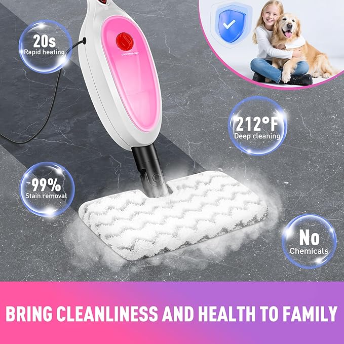 10-in-1 Multipurpose Steam Mop with Detachable Handheld CleanerMulti-Surface Use (Wood Floor/Tile/Window/Clothes/Furniture/Grout) + 2 Pack Dual-Sided Microfiber Mop Pads
