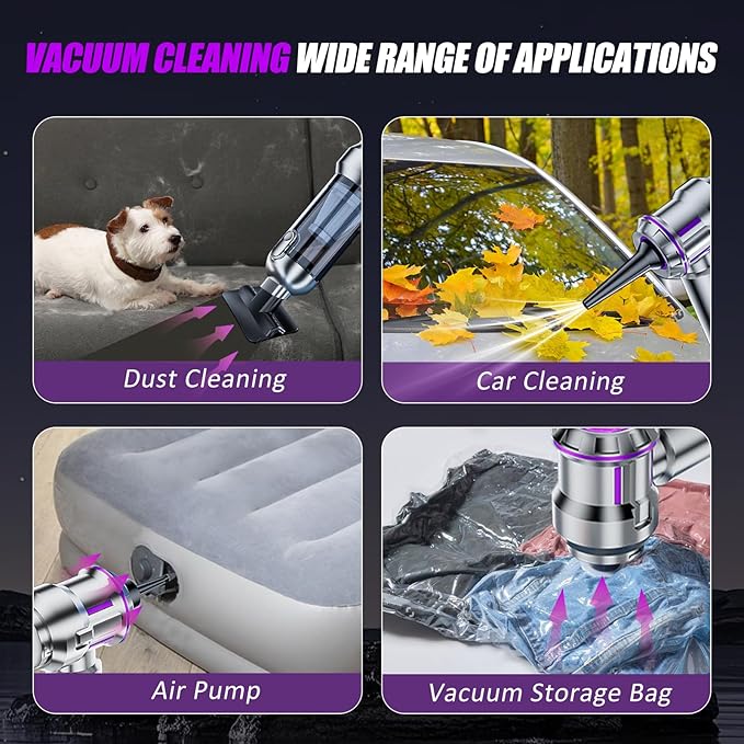 Handheld Car Vacuum Cordless Mini Vacuum Cleaner Rechargeable 16000Pa Hand Held Vacuum Cleaner Portable Small Vacuum with Multi-Nozzles Dust Duster for Car Home Office Pet (Silver Purple)