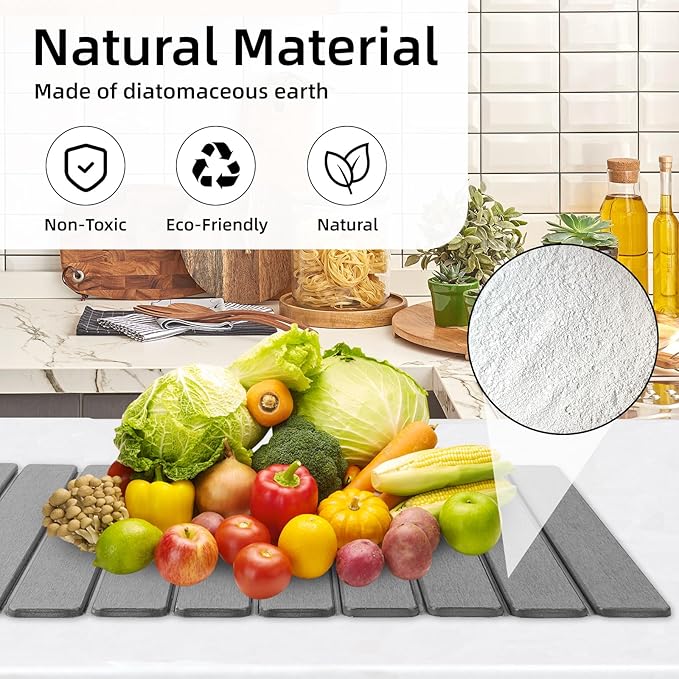 Stone Dish Drying Mat24(L)×16(W) - Fast-Drying Collapsible Kitchen Counter Mat for Dishes Cups &amp Bottles with Sanding Tool + Placemat Dark gray