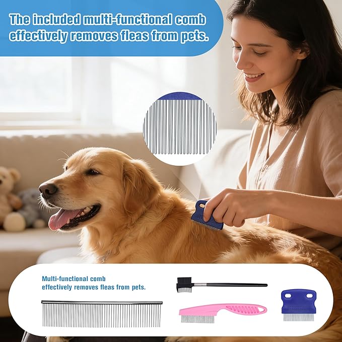 Pet Hair Remover Set with Spray &amp Self-Storage – Reusable Double-Sided Roller 4-Piece Grooming Brushes &amp Combs for Dogs Cats Furniture &amp Clothing