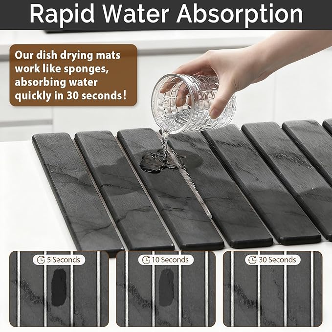 Large Stone Dish Drying Mat for Kitchen Counter Quick Dry Stone Dishes Mats Foldable Water Absorbing Diatomaceous Drying Pad for Countertop Bottles Utensils Cups Bathroom (Dark Gray 24x16)
