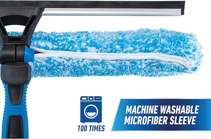 Unger Professional Connect and Clean 18” Proflex 2-in-1 Squeegee and Scrubber High Access Window Cleaning Tool with Pivoting Head Commercial and Residential Use Reusable Microfiber Sleeve
