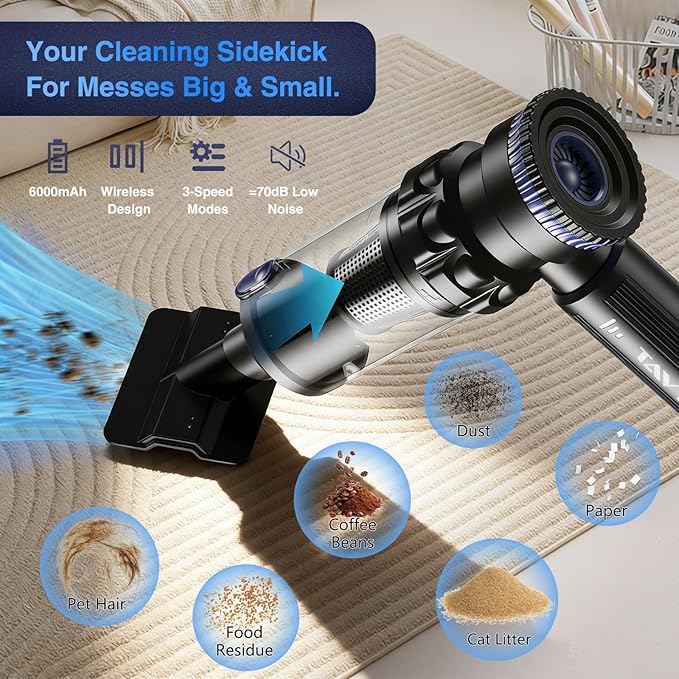 Car Vacuum Portable Cordless 19000PA Suction Power [3 Suction Modes] &amp 6000mAh Battery [USB-C Charging Cable] 4-in-1 Wireless Mini Handheld Cleaner for Home Car Pet Office
