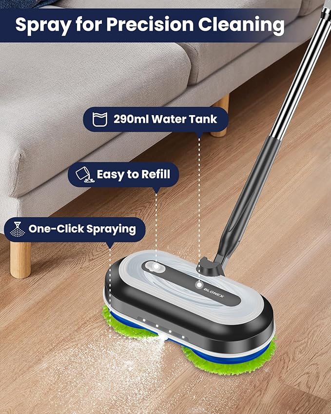 Cordless Electric Mop Electric Spin Floor Mop with LED Headlights &amp Water Sprayer Long-Lasting Battery Large 290ml Tank Self-Propelled Floor Cleaner with Adjustable Tube for All Floors