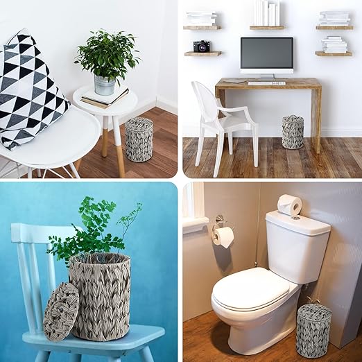 Ctosree 1.3 Gallons Small Trash Can with Lid Handle Boho Woven Braided Bathroom Waste Basket Trash Can with 100 Garbage Bags for Bedroom Office Laundry(GreyBraided PolypropyleneRound)