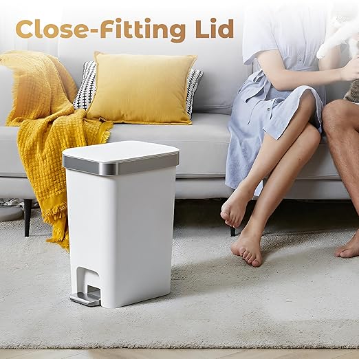 Small Bathroom Trash Can with Lid Soft Close 10 Liter/2.6 Gallon Slim Garbage Can-Metal Step and Press top Lid Mini Modern Waste Basket for Toilet Office BedroomDormGrayish-White