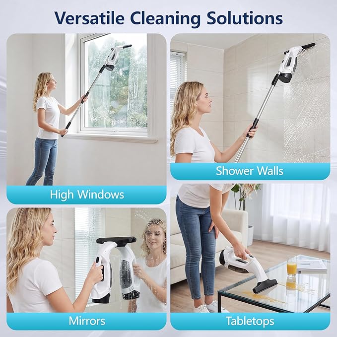 Aixiqee Window Vacuum Squeegee with Extendable Pole 31-40 2000Pa Electric Window Cleaning Tool with 2200mAh and 150ml Dirty Water Tank Long Handle Squeegee for Shower Glass Window Cleaning (White)