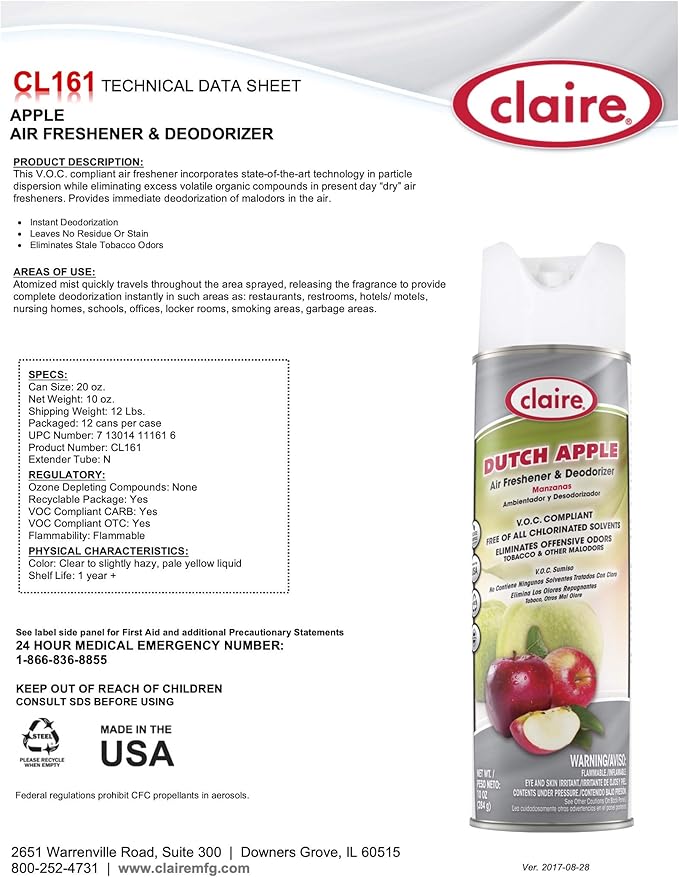 Claire CL161-12pk Dutch Apple Air Freshener &amp Deodorizer 10 Oz. Net Wt. 12 Count