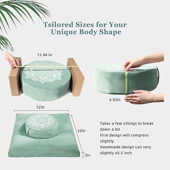 Meditation Zafu Cushion Set with Buckwheat Hulls &amp Memory Foam - Ergonomic Support for Yoga &amp Sitting - Removable Machine-Washable Luxury Velvet Cover - for Adults and Kids (Sage Green)