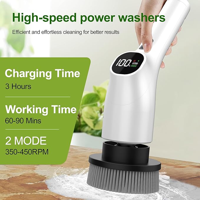 Electric Spin Scrubber Shower Scrubber with Long Handle Adjustable LCD Display 2 Speed Shower Cleaner 7 Replaceable Brush Heads Bathroom Cleaning Brush Bath Tub Power Scrubbers White G3