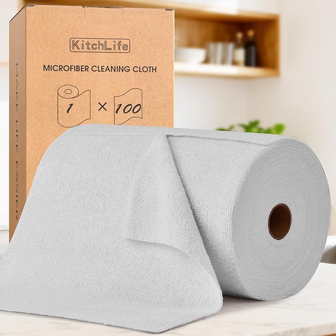 KitchLife Microfiber Cleaning Cloth Roll 100 Pack - Tear-Away Microfiber Paper Towels Lint-Free Reusable Washable for Kitchen Car Dishes and Sensitive Surfaces (Light Gray)