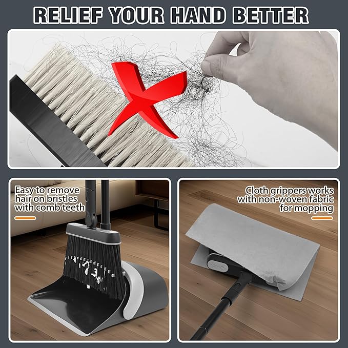 JEHONN Broom and Dust Pan 54.3 inches Long Handle Swivel Brush Upright Foldable Dustpan with Comb Teeth for Home Kitchen Lobby Indoor Floor Cleaning (Black &amp Gray)